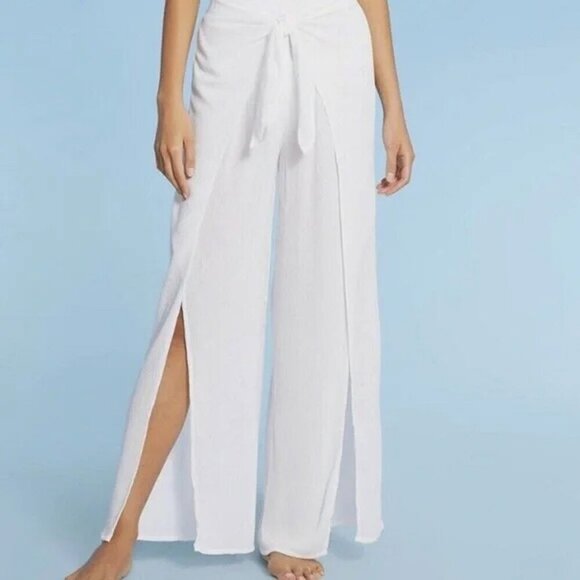 Kona Sol Swim Pants Sz XL White Gauzy CoverUp Flowy Tie Front Split Hem Boho - Picture 1 of 4